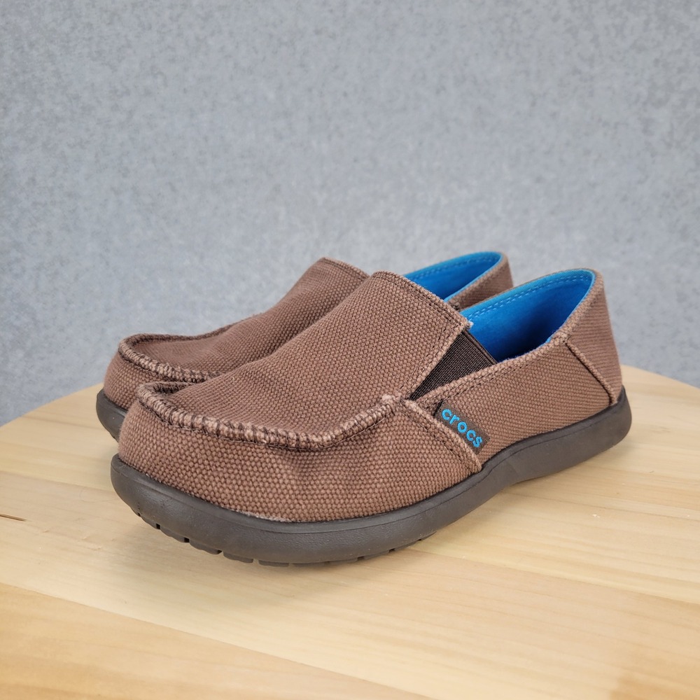 Crocs Santa Cruz Kids Brown Canvas Slip On Loafers Shoes 15576 Size J2‎